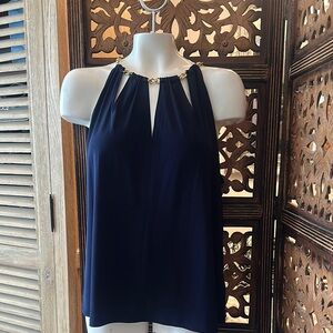 MICHAEL Michael Kors Navy Blue Gold Chain Detail Sleeveless Halter Style Shirt.